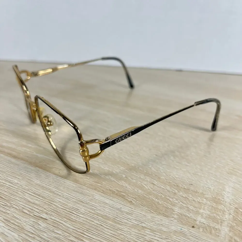 Vintage Gucci GG2278 Eyeglasses Gold Black Metal Oval Horse Bit Italy 58-17-135